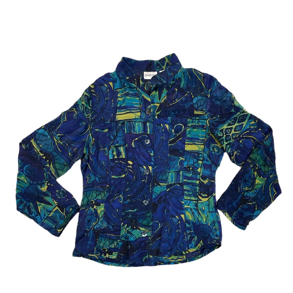 Chico’s Silk Blouse Button Down Blue Green Abstract Size 0